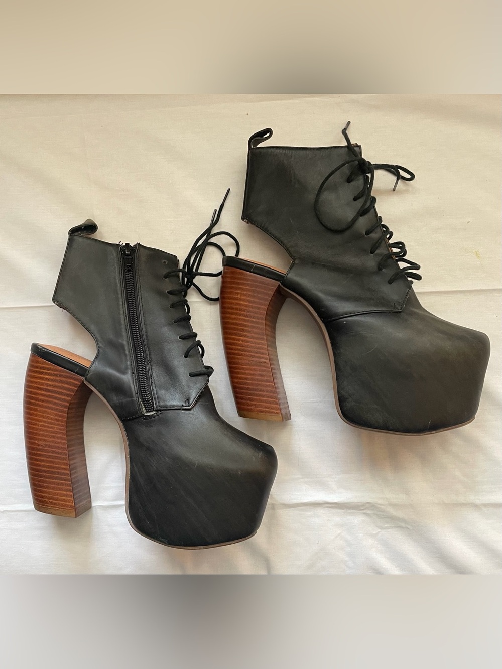 Jeffrey Campbell Black Soft Leather Lana Curved Heel Platform Bootie